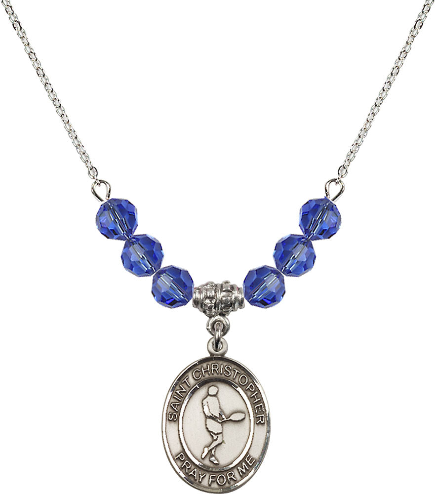 Sterling Silver Saint Christopher/Tennis Birthstone Necklace with Sapphire Beads - 8156