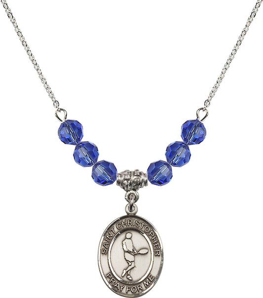 Sterling Silver Saint Christopher/Tennis Birthstone Necklace with Sapphire Beads - 8156