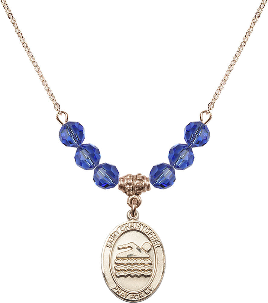 14kt Gold Filled Saint Christopher/Swimming Birthstone Necklace with Sapphire Beads - 8157