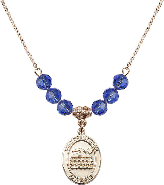 14kt Gold Filled Saint Christopher/Swimming Birthstone Necklace with Sapphire Beads - 8157