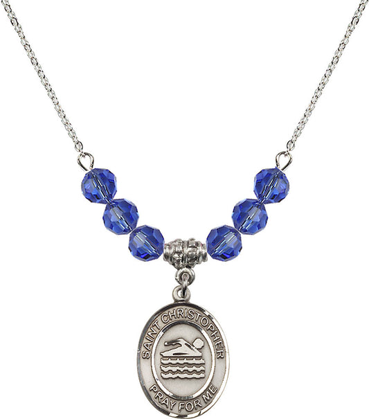 Sterling Silver Saint Christopher/Swimming Birthstone Necklace with Sapphire Beads - 8157