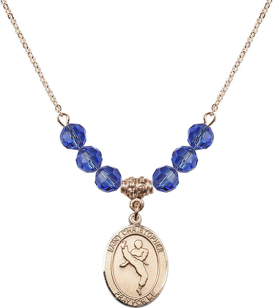 14kt Gold Filled Saint Christopher/Martial Arts Birthstone Necklace with Sapphire Beads - 8158