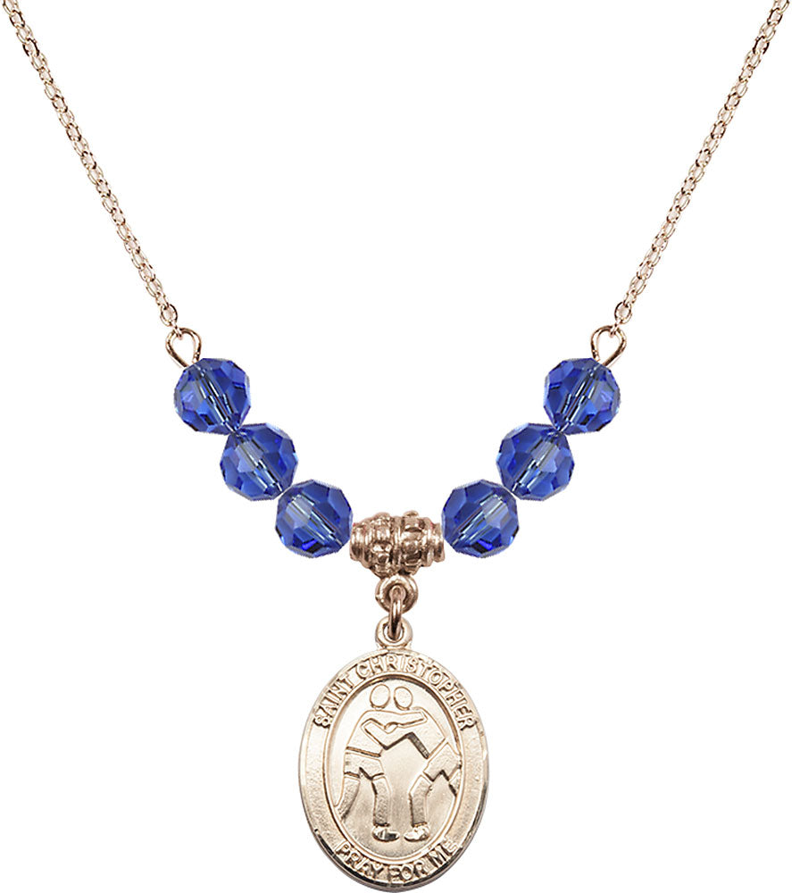 14kt Gold Filled Saint Christopher/Wrestling Birthstone Necklace with Sapphire Beads - 8159