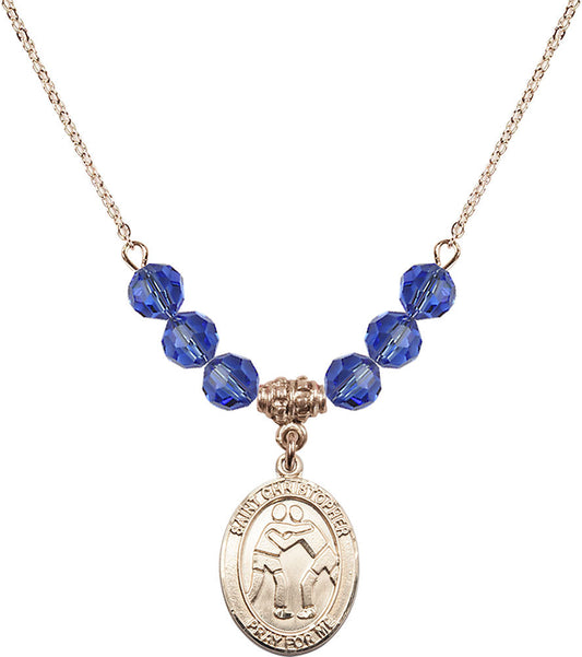 14kt Gold Filled Saint Christopher/Wrestling Birthstone Necklace with Sapphire Beads - 8159