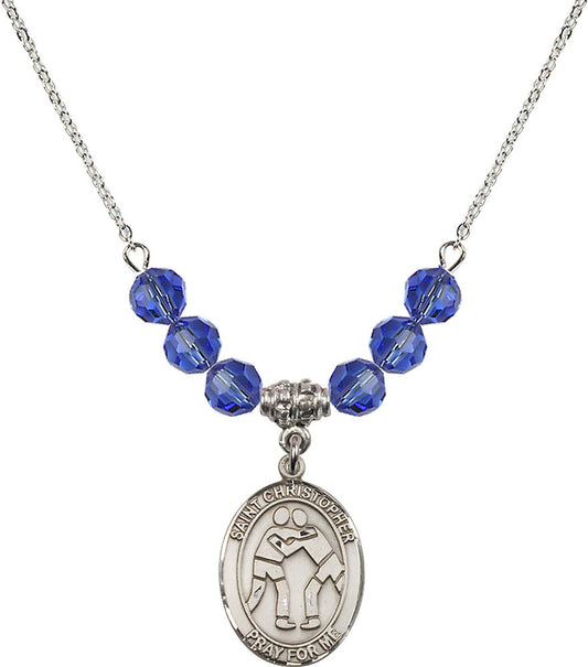 Sterling Silver Saint Christopher/Wrestling Birthstone Necklace with Sapphire Beads - 8159