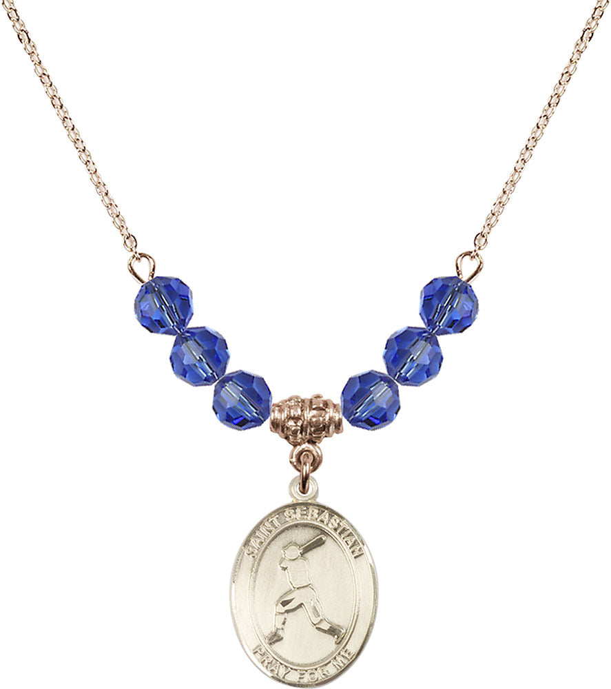 14kt Gold Filled Saint Sebastian/Baseball Birthstone Necklace with Sapphire Beads - 8160