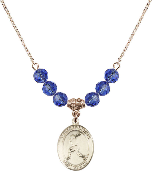 14kt Gold Filled Saint Sebastian/Baseball Birthstone Necklace with Sapphire Beads - 8160