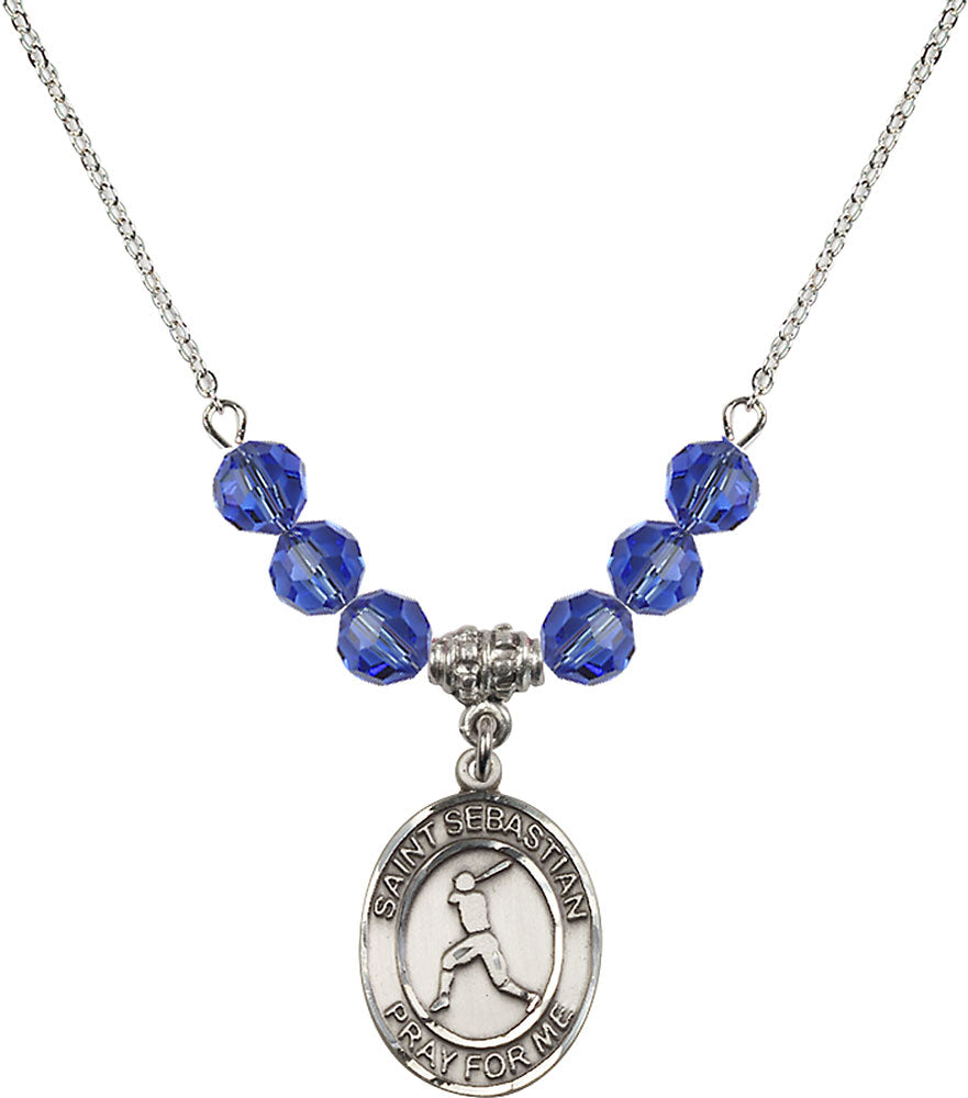 Sterling Silver Saint Sebastian/Baseball Birthstone Necklace with Sapphire Beads - 8160