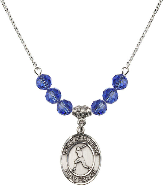 Sterling Silver Saint Sebastian/Baseball Birthstone Necklace with Sapphire Beads - 8160