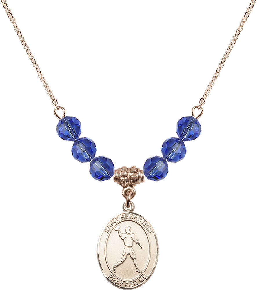 14kt Gold Filled Saint Sebastian/Football Birthstone Necklace with Sapphire Beads - 8161