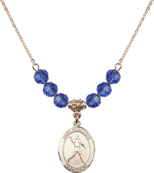 14kt Gold Filled Saint Sebastian/Football Birthstone Necklace with Sapphire Beads - 8161