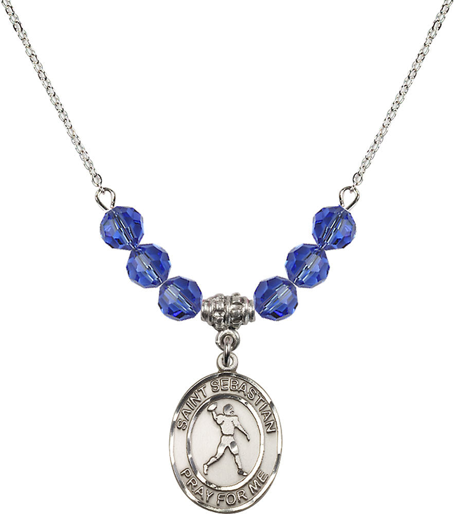 Sterling Silver Saint Sebastian/Football Birthstone Necklace with Sapphire Beads - 8161