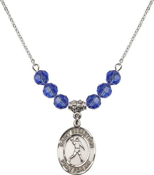 Sterling Silver Saint Sebastian/Football Birthstone Necklace with Sapphire Beads - 8161