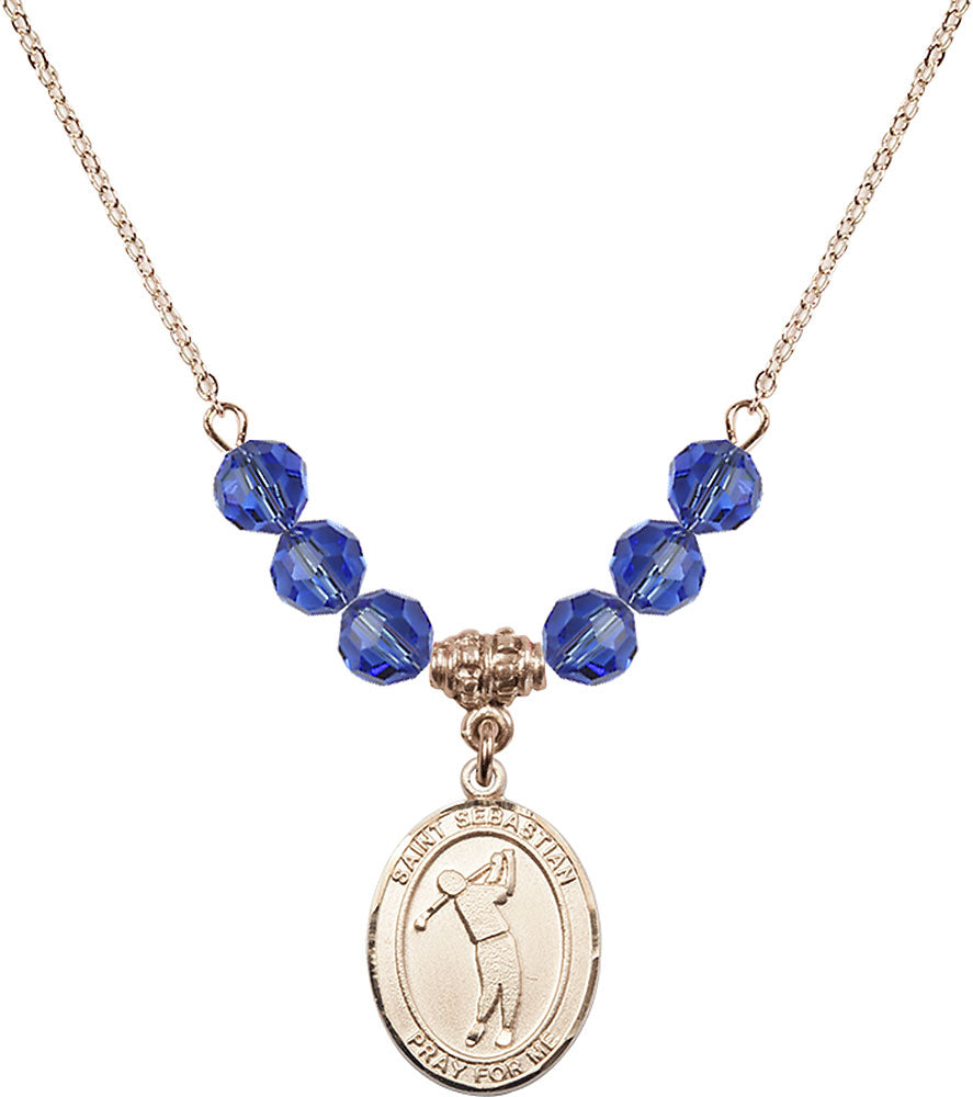 14kt Gold Filled Saint Sebastian/Golf Birthstone Necklace with Sapphire Beads - 8162