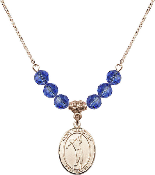 14kt Gold Filled Saint Sebastian/Golf Birthstone Necklace with Sapphire Beads - 8162