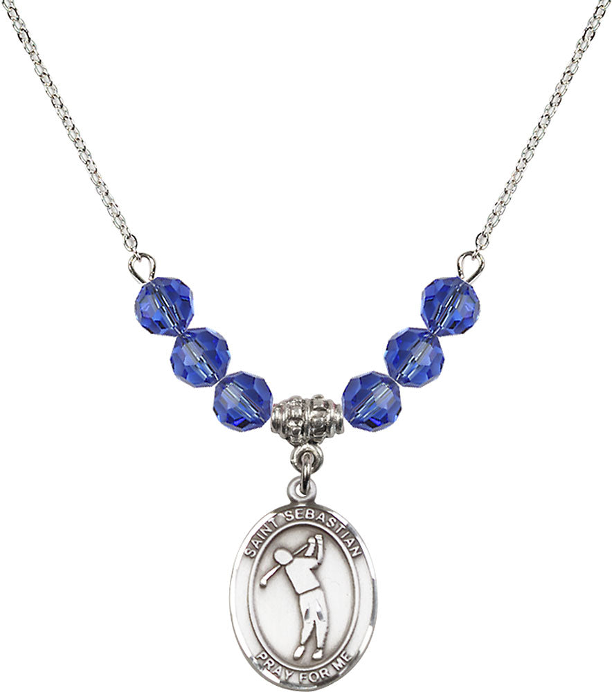 Sterling Silver Saint Sebastian/Golf Birthstone Necklace with Sapphire Beads - 8162