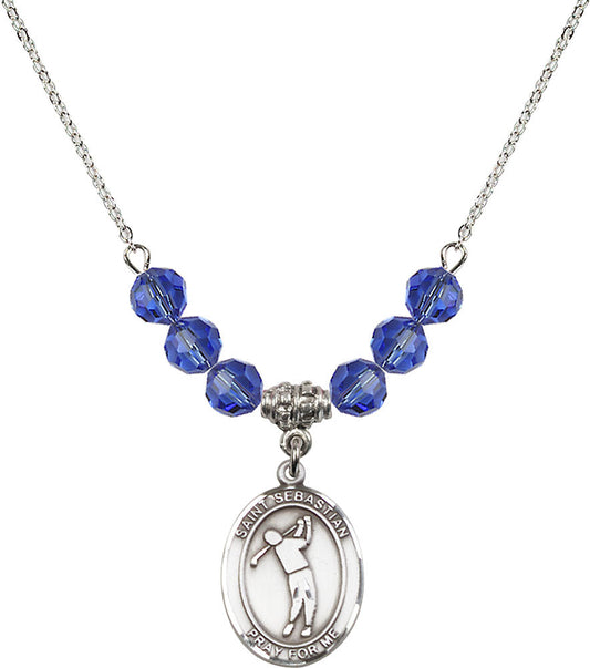 Sterling Silver Saint Sebastian/Golf Birthstone Necklace with Sapphire Beads - 8162