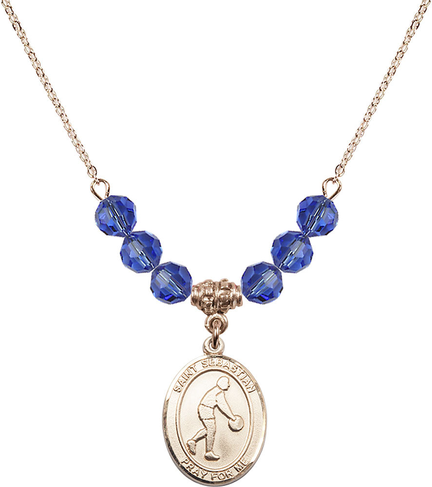 14kt Gold Filled Saint Sebastian/Basketball Birthstone Necklace with Sapphire Beads - 8163