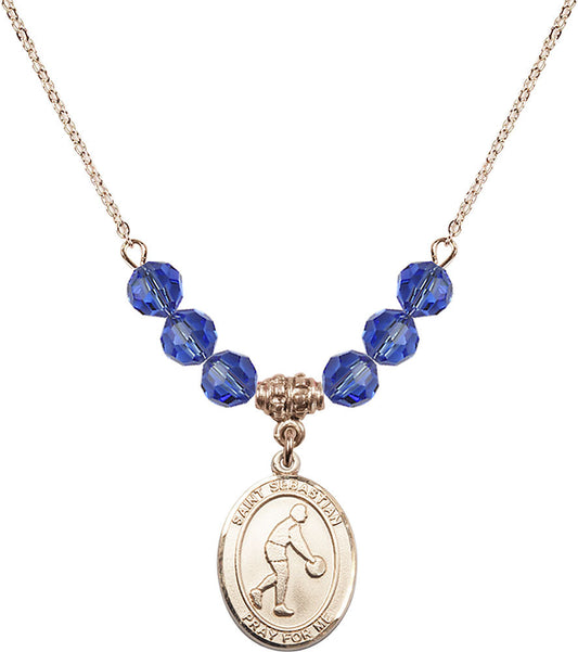 14kt Gold Filled Saint Sebastian/Basketball Birthstone Necklace with Sapphire Beads - 8163