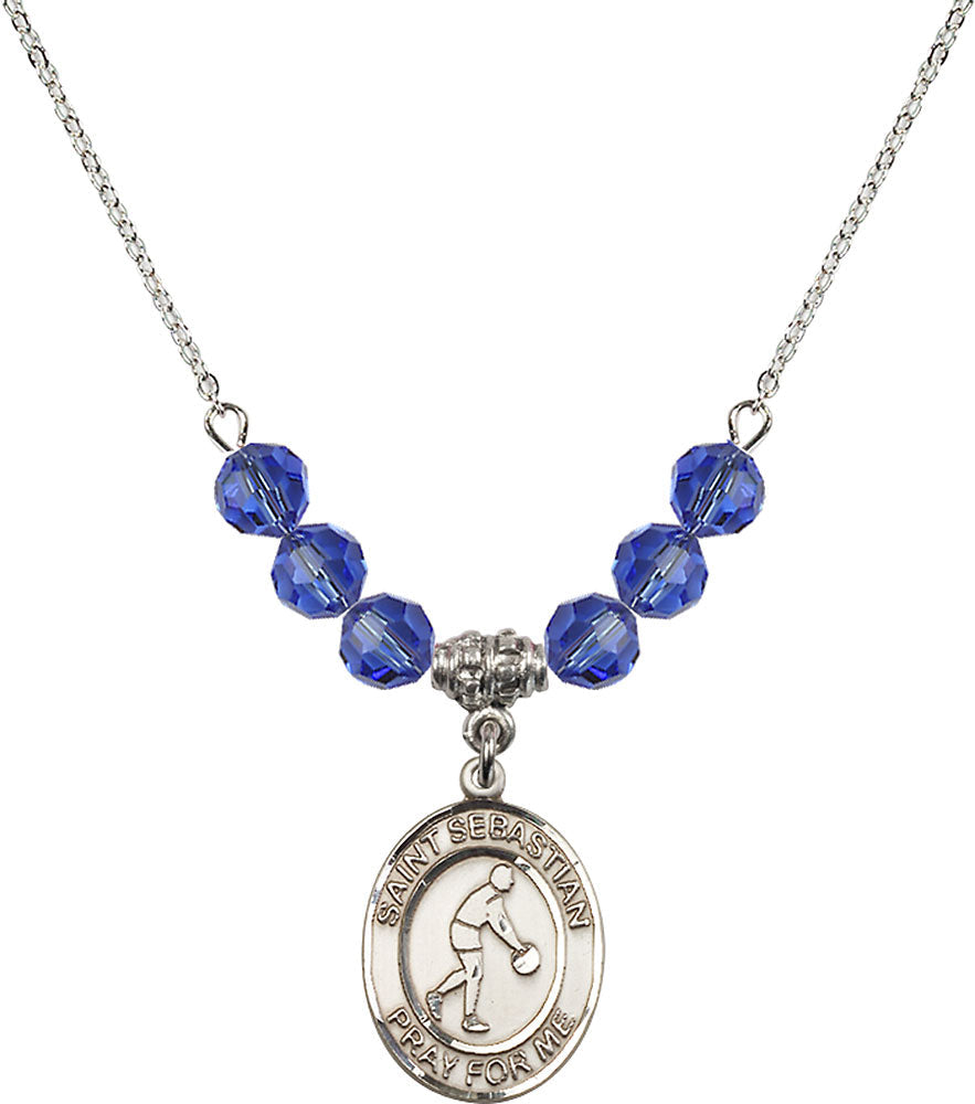Sterling Silver Saint Sebastian/Basketball Birthstone Necklace with Sapphire Beads - 8163