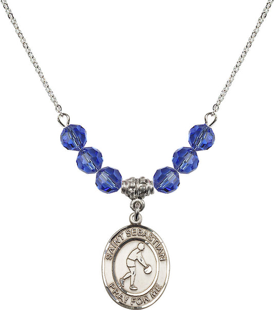 Sterling Silver Saint Sebastian/Basketball Birthstone Necklace with Sapphire Beads - 8163