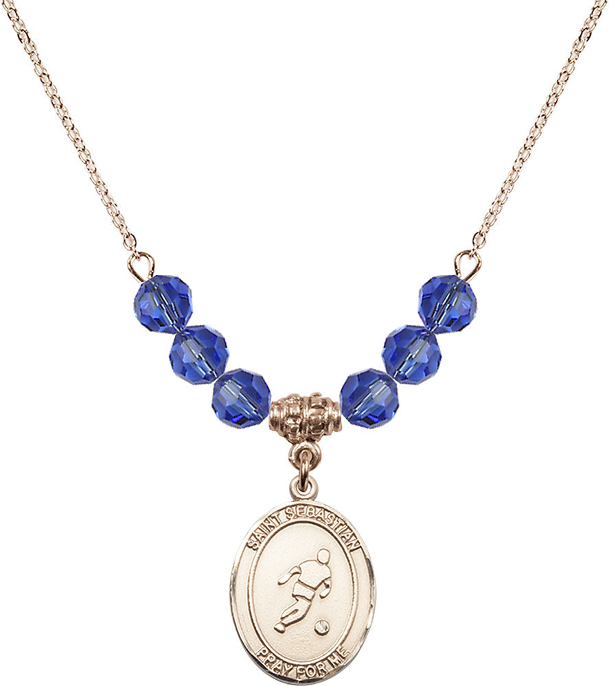 14kt Gold Filled Saint Sebastian/Soccer Birthstone Necklace with Sapphire Beads - 8164
