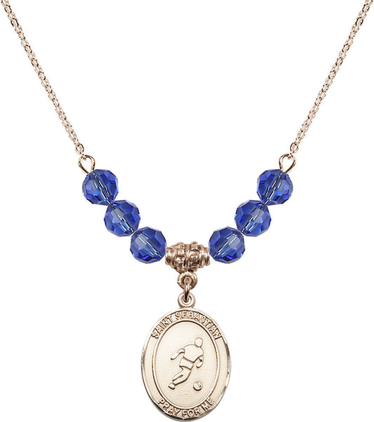 14kt Gold Filled Saint Sebastian/Soccer Birthstone Necklace with Sapphire Beads - 8164