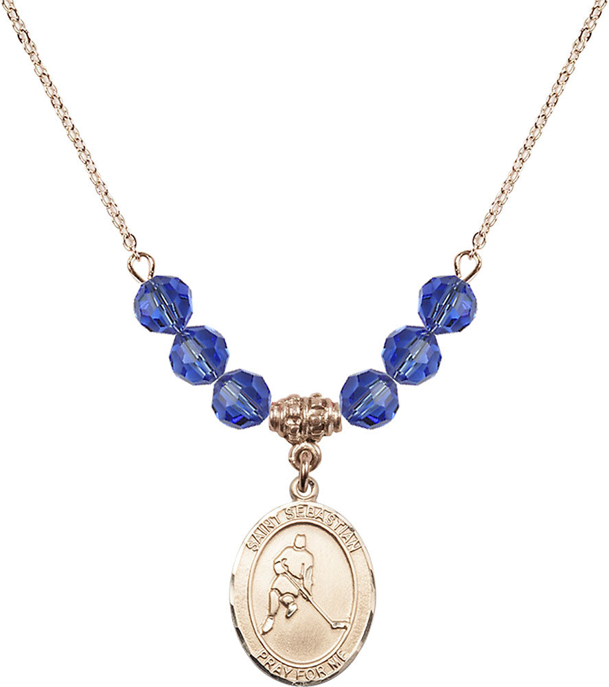 14kt Gold Filled Saint Sebastian/Ice Hockey Birthstone Necklace with Sapphire Beads - 8165