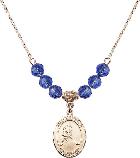 14kt Gold Filled Saint Sebastian/Ice Hockey Birthstone Necklace with Sapphire Beads - 8165