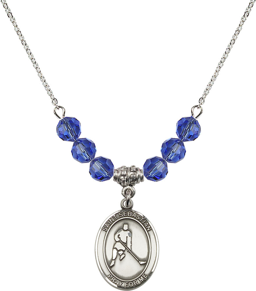 Sterling Silver Saint Sebastian/Ice Hockey Birthstone Necklace with Sapphire Beads - 8165