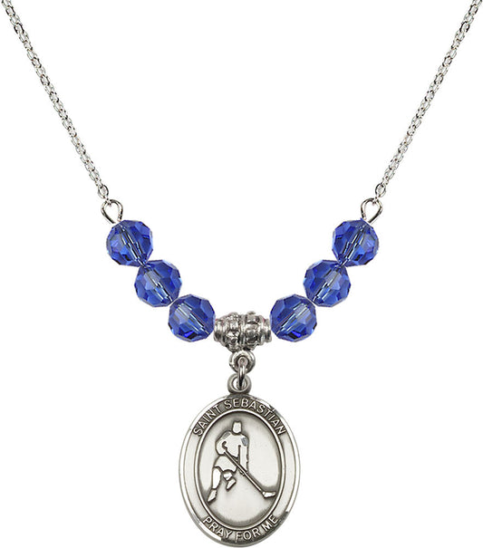Sterling Silver Saint Sebastian/Ice Hockey Birthstone Necklace with Sapphire Beads - 8165