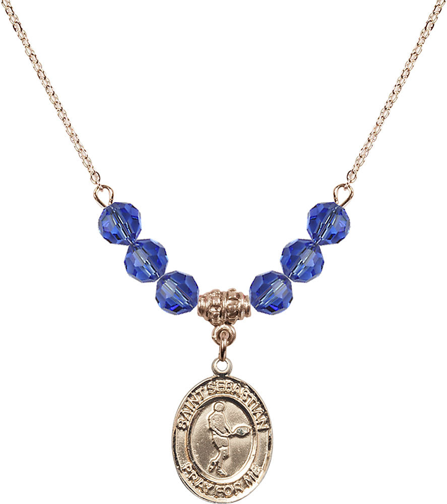 14kt Gold Filled Saint Sebastian/Tennis Birthstone Necklace with Sapphire Beads - 8166