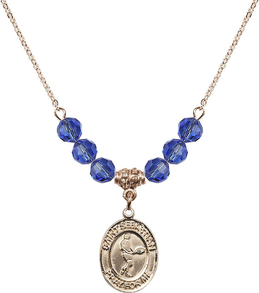 14kt Gold Filled Saint Sebastian/Tennis Birthstone Necklace with Sapphire Beads - 8166