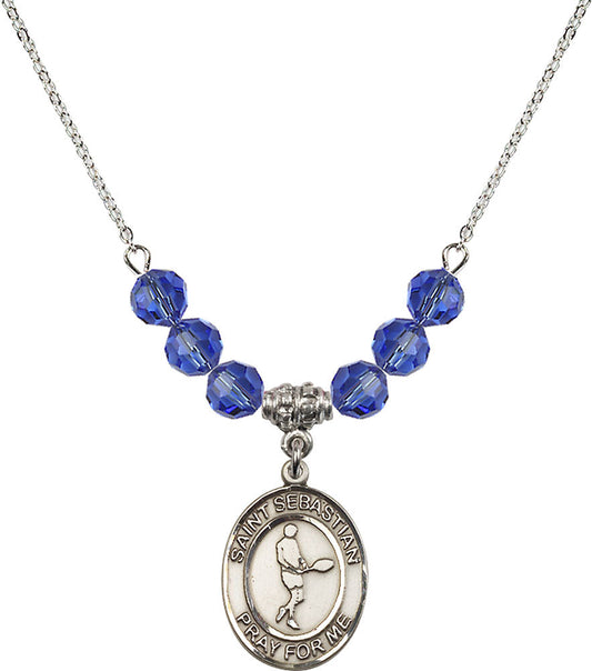 Sterling Silver Saint Sebastian/Tennis Birthstone Necklace with Sapphire Beads - 8166