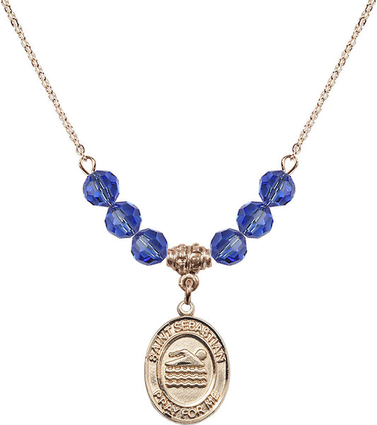 14kt Gold Filled Saint Sebastian/Swimming Birthstone Necklace with Sapphire Beads - 8167