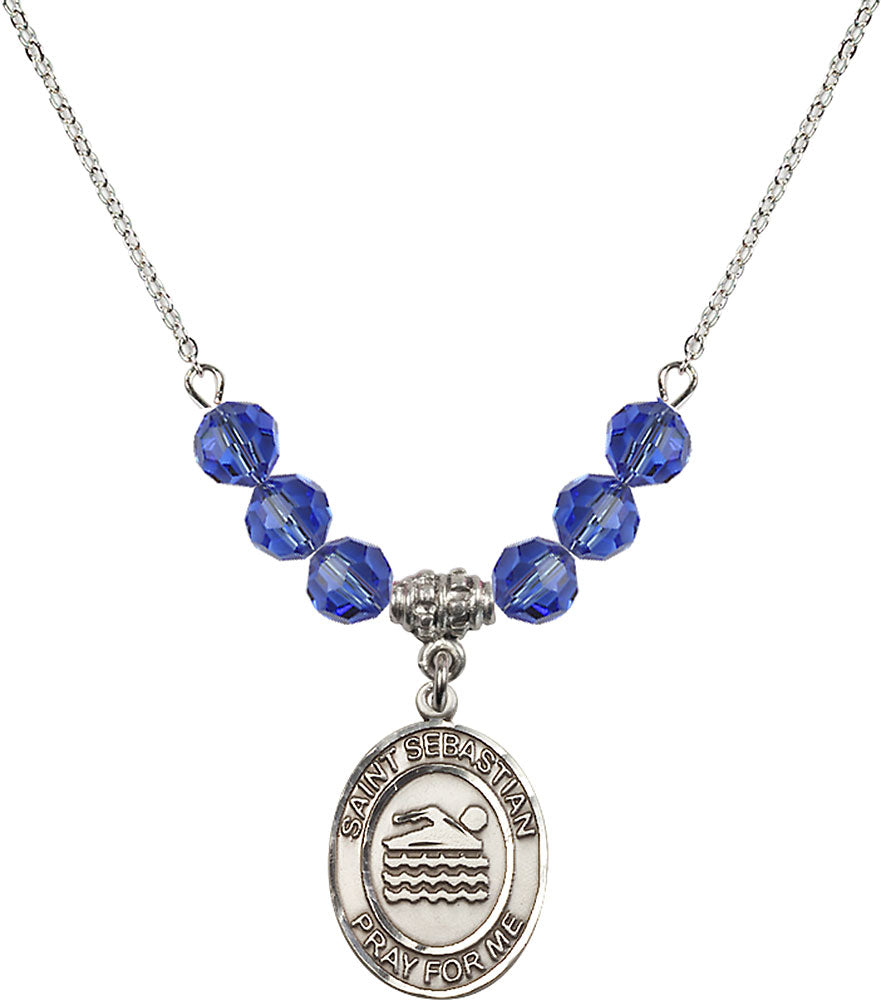 Sterling Silver Saint Sebastian/Swimming Birthstone Necklace with Sapphire Beads - 8167