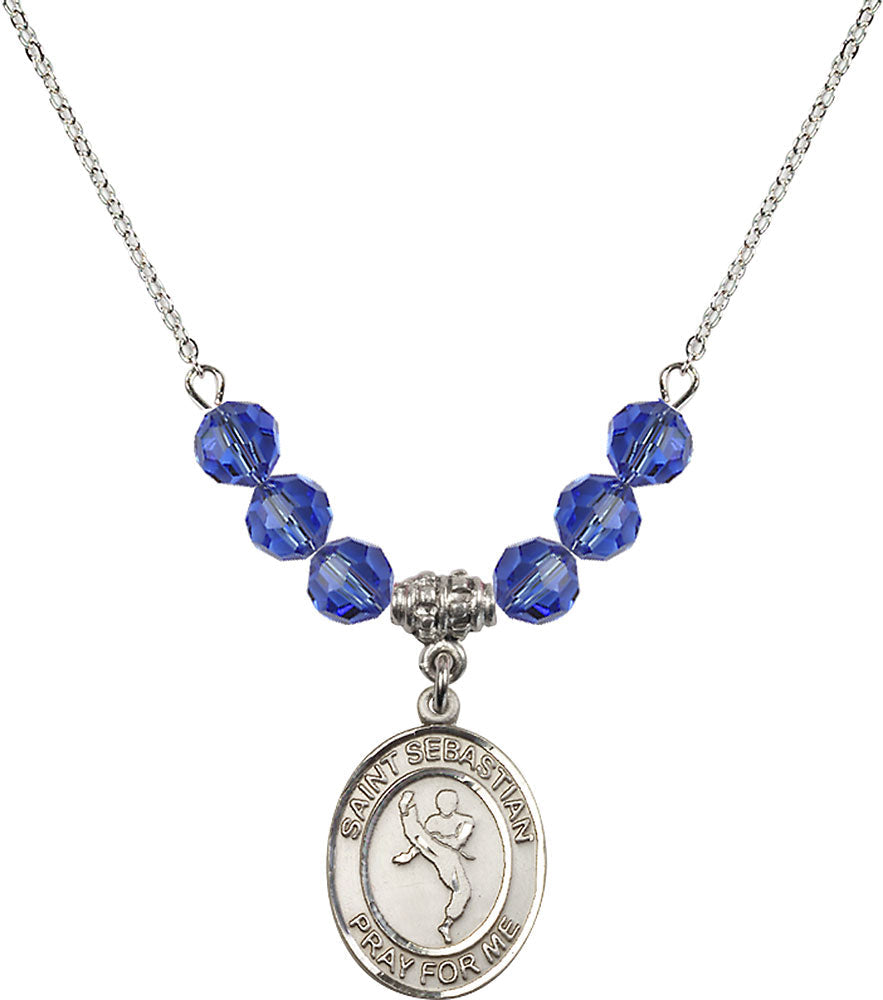 Sterling Silver Saint Sebastian/Martial Arts Birthstone Necklace with Sapphire Beads - 8168