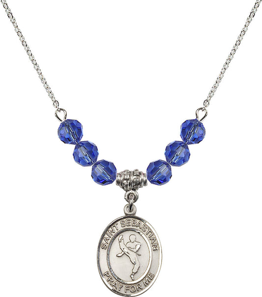 Sterling Silver Saint Sebastian/Martial Arts Birthstone Necklace with Sapphire Beads - 8168