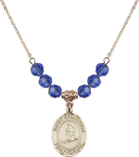 14kt Gold Filled Saint Sebastian/Skiing Birthstone Necklace with Sapphire Beads - 8169