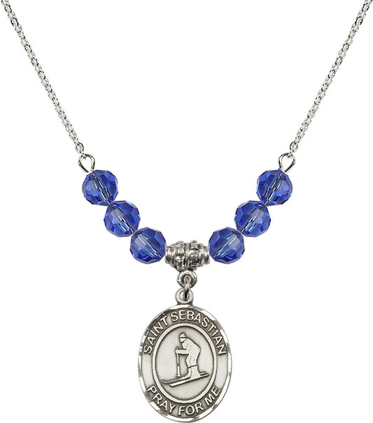 Sterling Silver Saint Sebastian/Skiing Birthstone Necklace with Sapphire Beads - 8169