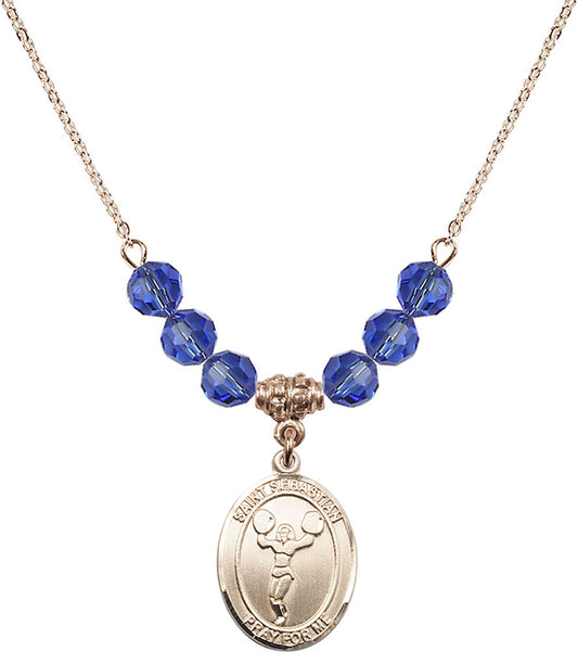 14kt Gold Filled Saint Sebastian/Cheerleading Birthstone Necklace with Sapphire Beads - 8170