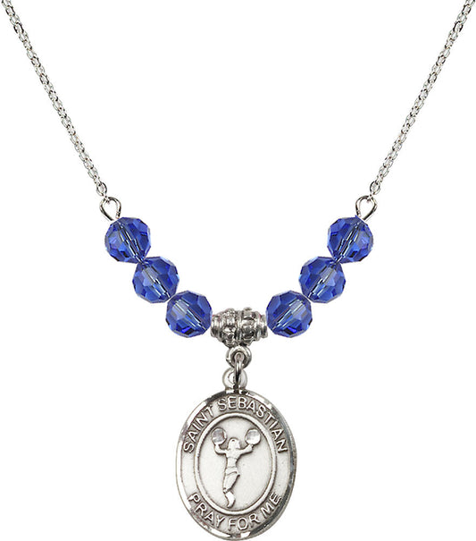 Sterling Silver Saint Sebastian/Cheerleading Birthstone Necklace with Sapphire Beads - 8170