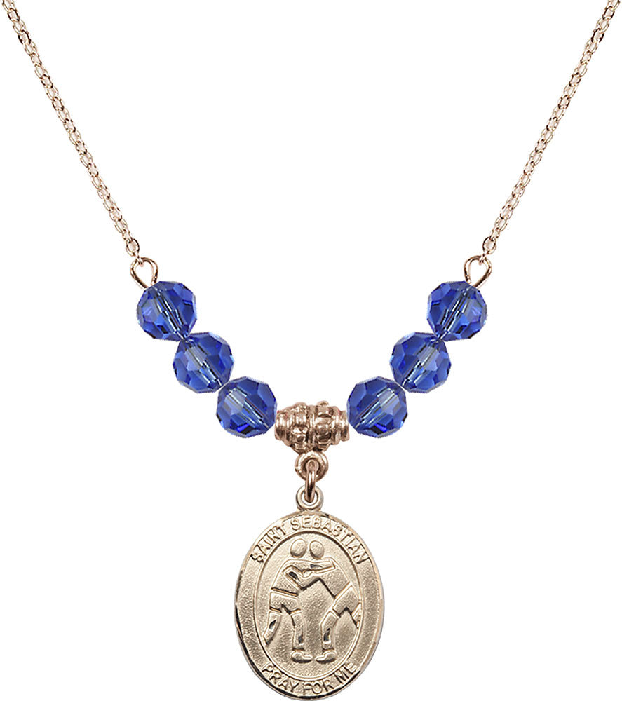14kt Gold Filled Saint Sebastian/Wrestling Birthstone Necklace with Sapphire Beads - 8171