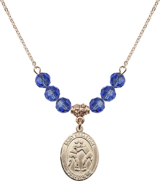 14kt Gold Filled Saint Sebastian/Wrestling Birthstone Necklace with Sapphire Beads - 8171