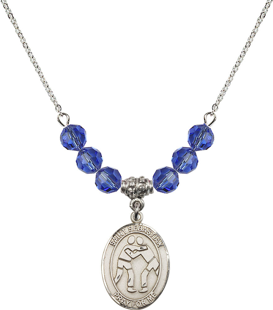 Sterling Silver Saint Sebastian/Wrestling Birthstone Necklace with Sapphire Beads - 8171