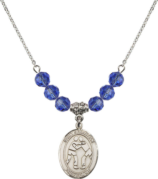Sterling Silver Saint Sebastian/Wrestling Birthstone Necklace with Sapphire Beads - 8171
