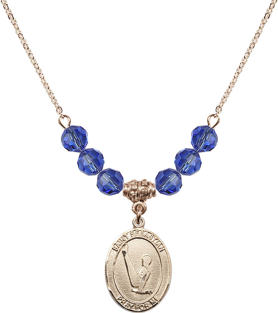 14kt Gold Filled Saint Sebastian/Gymnastics Birthstone Necklace with Sapphire Beads - 8172
