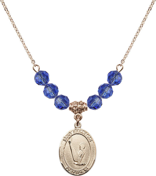 14kt Gold Filled Saint Sebastian/Gymnastics Birthstone Necklace with Sapphire Beads - 8172