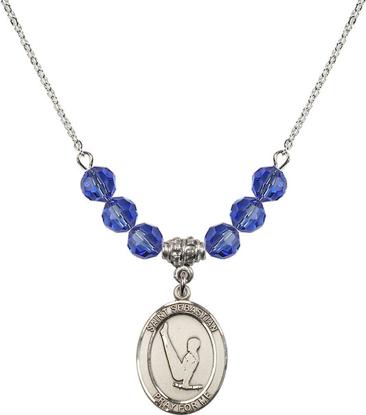 Sterling Silver Saint Sebastian/Gymnastics Birthstone Necklace with Sapphire Beads - 8172