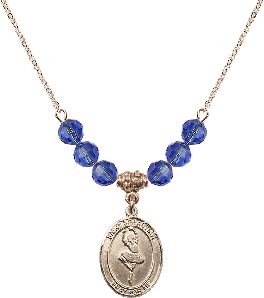14kt Gold Filled Saint Sebastian/Dance Birthstone Necklace with Sapphire Beads - 8173